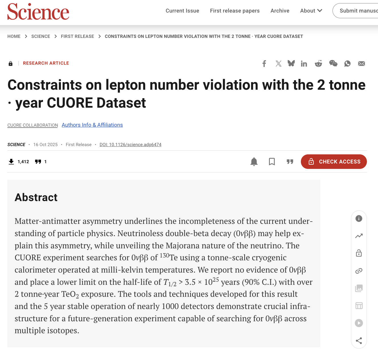 CUORE Latest search for lepton number violation with 2 tonne·year dataset published in Science
