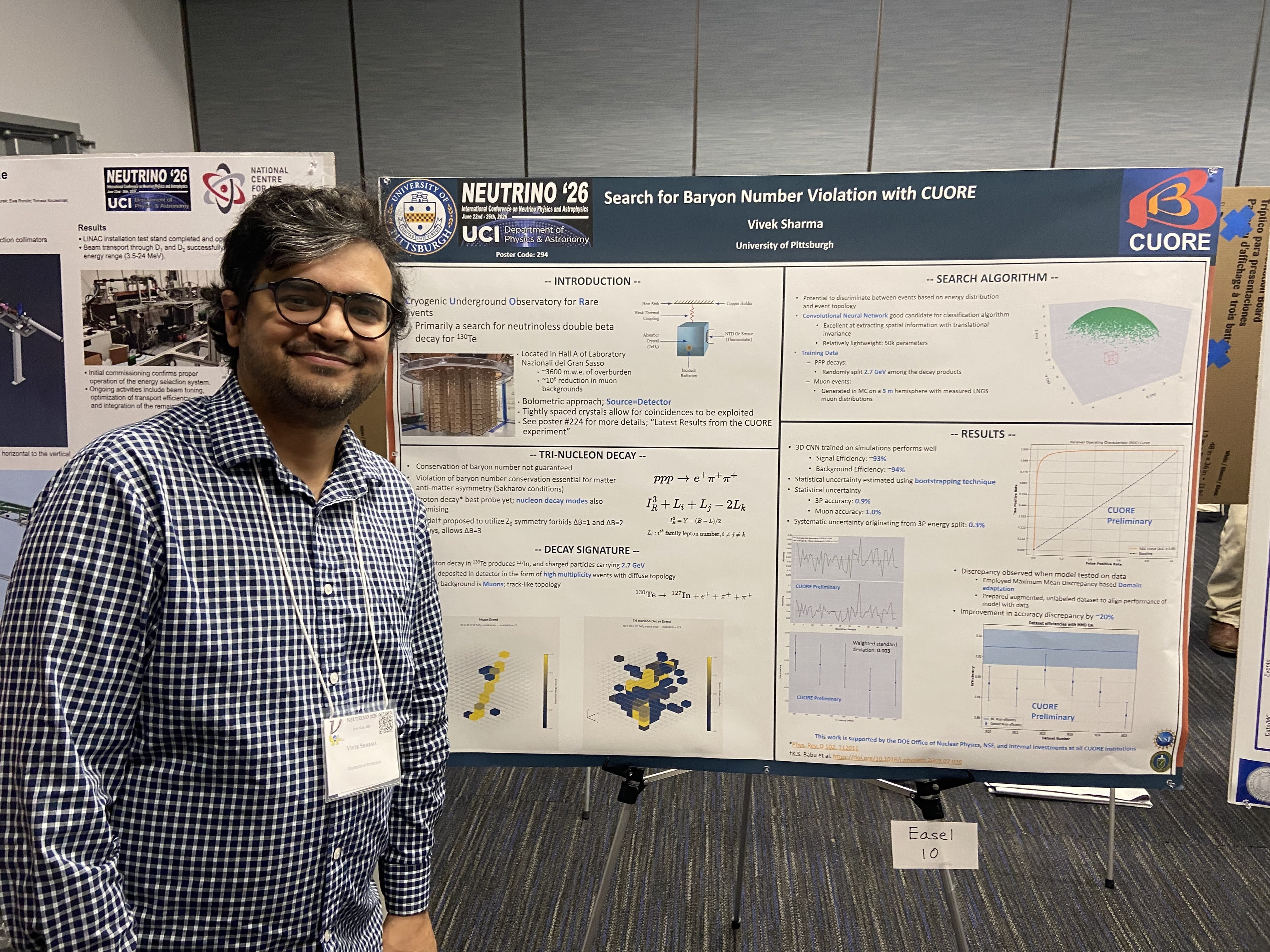 Vivek Sharma presenting a poster on Baryon Number Violation at Neutrino 2026